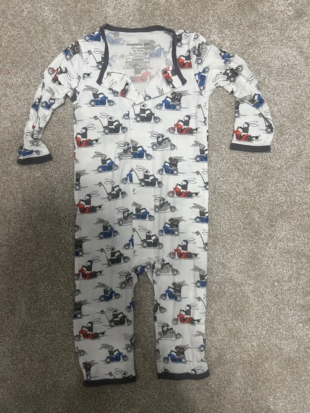 Magnetic Me White One-Piece Footie with Red & Blue Rabbit Scooter Print